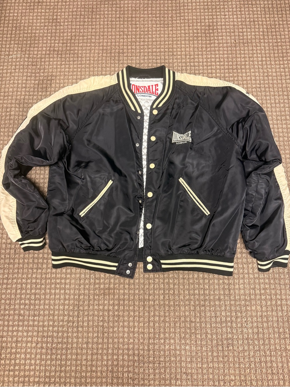 Vintage Lonsdale Black and Cream Nylon Varsity Jacket